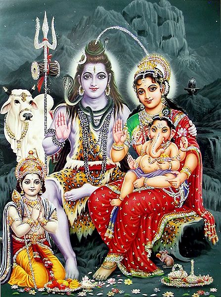 Shiva, Parvati, Ganesha and Kartik - (Poster with Glitter)