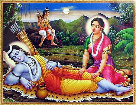 Sita Tending to Rama's Feet as Lakshmana Keeps Guard