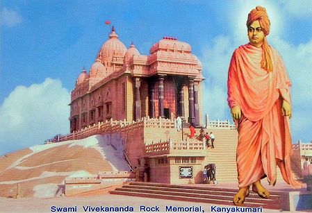 Swamy Vivekananda with Vivekananda Rock Memorial as Backdrop (with Plastic Lamination)