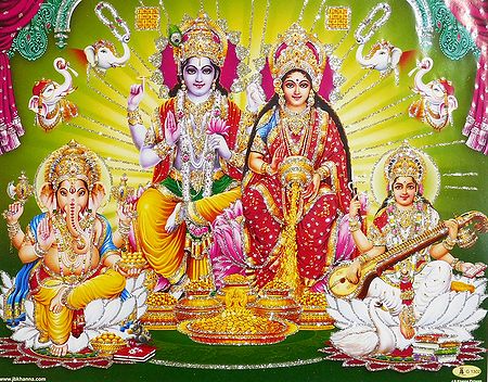 Vishnu and Lakshmi with  Saraswati and Ganesha - Glitter Poster