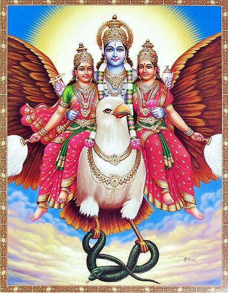 Vishnu with His Two Consorts Riding on Gadura