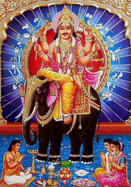 Vishwakarma Sitting on Elephant - Glitter Poster