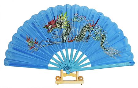 Hand Painted Dragon on Blue Silk Folding Fan with Stand
