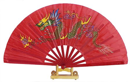 Hand Painted Dragon on Red Silk Folding Fan with Stand