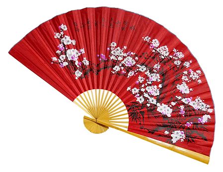 Floral Painted Red Silk Cloth Wall Hanging Fan