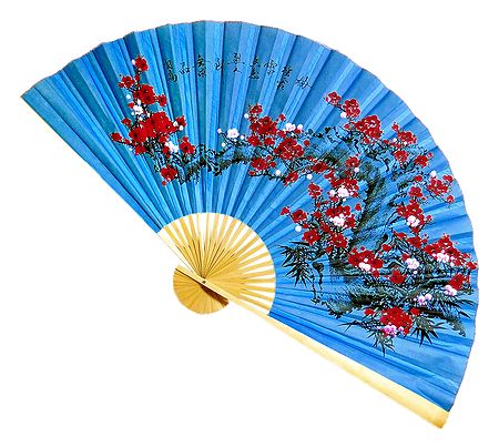 Floral Painted Blue Silk Cloth Wall Hanging Fan
