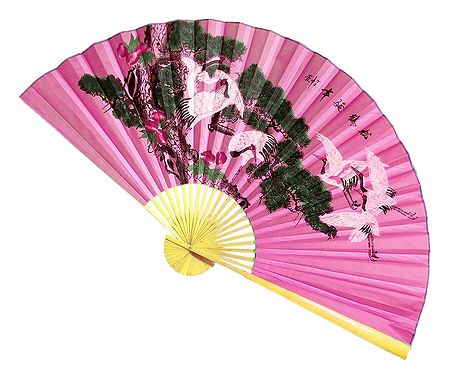 Painted Cranes on Pink Silk Cloth Wall Hanging Fan