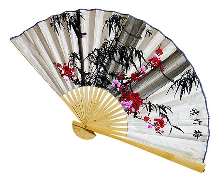 Painted Flowers on White Silk Cloth Wall Hanging Fan