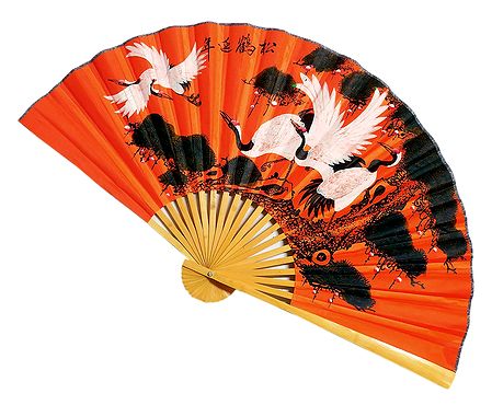 Painted Storks on Saffron Silk Cloth Wall Hanging Fan
