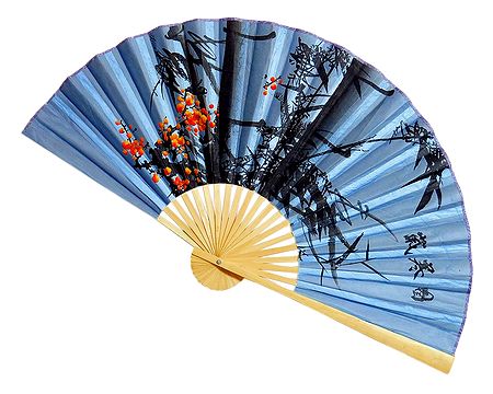 Painted Flowers on Blue Silk Cloth Wall Hanging Fan