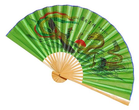 Painted Dragons on Green Silk Cloth Wall Hanging Fan