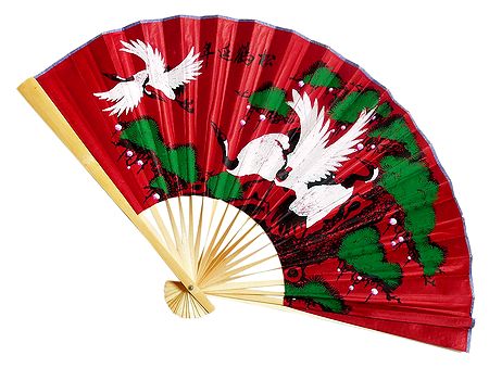 Painted Cranes on Red Silk Cloth Fan - Wall Hanging