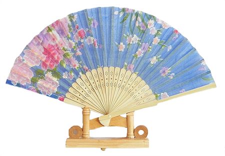 Floral Print on Blue Silk Folding Fan with Stand