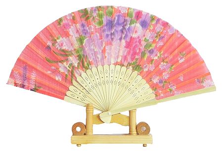 Floral Print on Saffron Silk Folding Fan with Stand