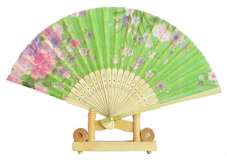 Floral Print on Green Silk Cloth Folding Fan with Stand