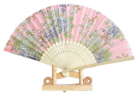 Floral Print on Pink Silk Cloth Folding Fan with Stand