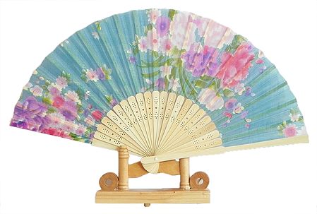 Floral Print on Cyan Silk Cloth Folding Fan with Stand