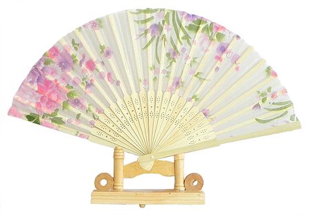 Floral Print on White Silk Cloth Folding Fan with Stand