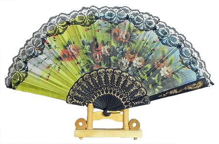 Multiclor Floral Print on Silk Folding Fan with Stand