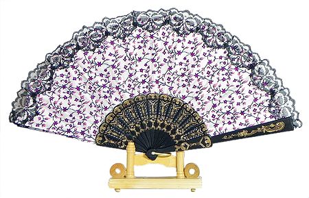 Floral Print on White Cotton Folding Fan with Stand