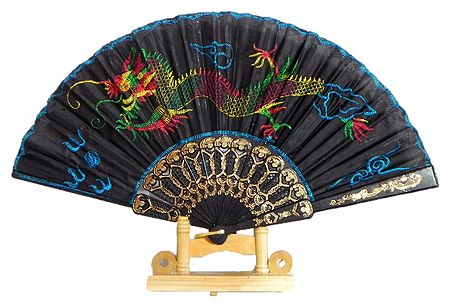 Embroidered Dragon on Black Silk Folding Fan with Stand