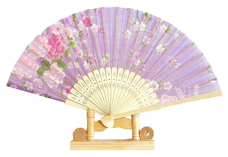 Floral Print on Light Mauve Silk Cloth Folding Fan with Stand
