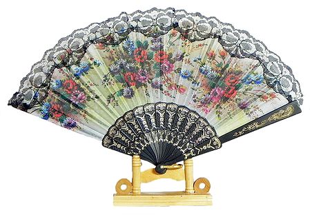 Floral Print on Off-White Silk Folding Fan with Stand