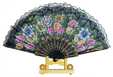 Floral Print on Black Silk Folding Fan with Stand