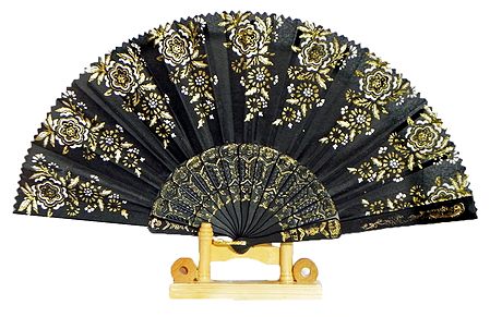 Glitter Design on Black Silk Folding Fan with Stand