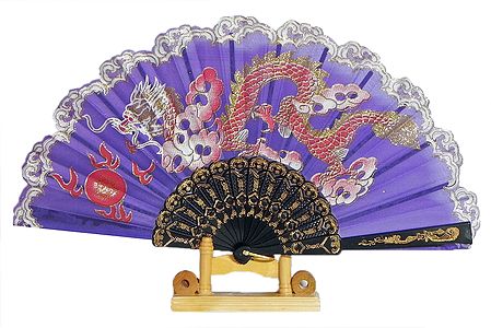Painted Glitter Dragon on Mauve Silk Folding Fan with Stand