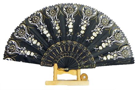 Glitter Design on Black Silk Folding Fan with Stand