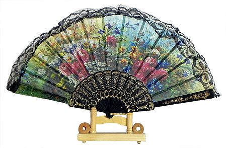 Floral Print on Multicolor Silk Folding Fan with Stand