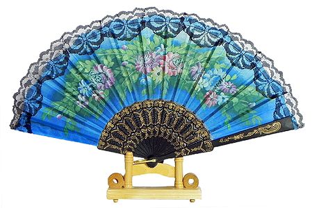 Floral Print on Blue Silk Folding Fan with Stand