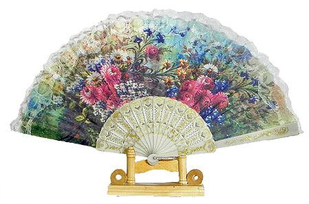 Multicolor Floral Print on Silk Folding Fan with Stand