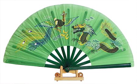 Battle of Chinese Dragon and Bird on Green Silk Folding Fan with Stand