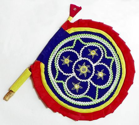 Embroidered and Mirrorwork Handmade Cloth Fan with Bamboo Stick Handle - Wall Hanging