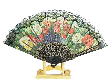 Floral Print on Green Silk Folding Fan with Stand