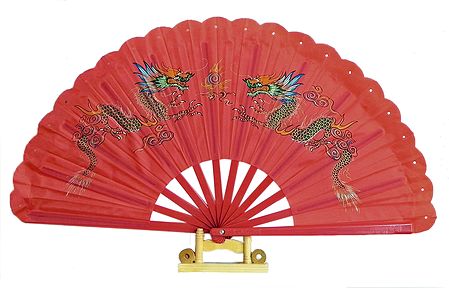 Pair of Painted Chinese Dragon on Red Silk Folding Fan with Stand