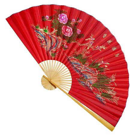 Painted Nature on Red Silk Cloth Wall Hanging Fan