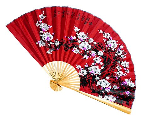 Painted Flowers on Red Silk Cloth Wall Hanging Fan