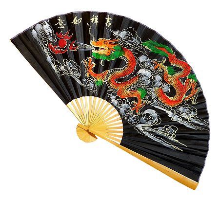 Painted Dragons on Black Silk Cloth Wall Hanging Fan