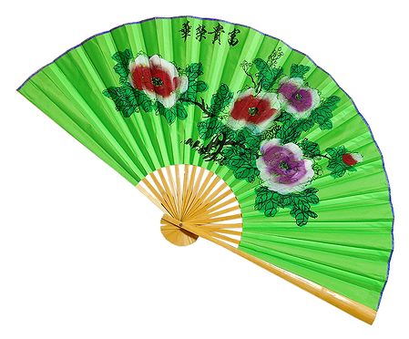 Painted Flowers on Green Silk Cloth Wall Hanging Fan