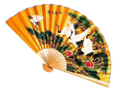 Painted Cranes on Yellow Silk Cloth Wall Hanging Fan