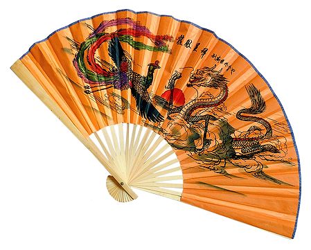 Painted Dragons on Saffron Silk Cloth Fan - Wall Hanging 