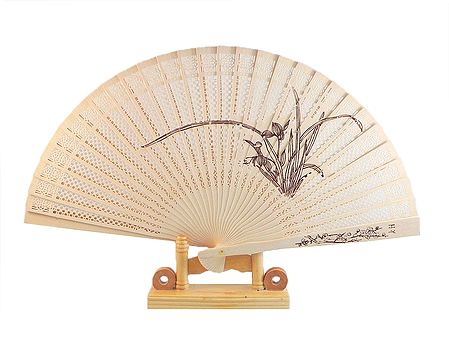 Hand Painted Wood Carved Folding Fan with Stand