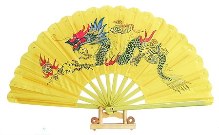 Hand Painted Dragon on Yellow Silk Folding Fan with Stand