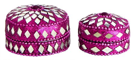 Set of Two Decorated Round Metal Magenta Jewelry Box
