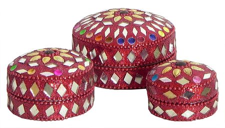 Set of Three Decorated Round Metal Red Jewelry Box