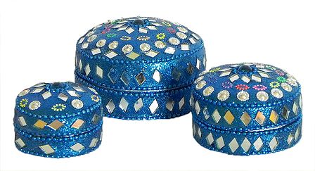 Set of Three Decorated Round Metal Cyan Blue Jewelry Box
