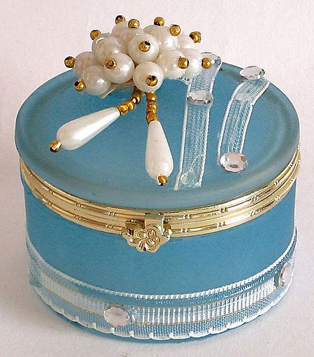 Light Blue Circular Jewelry Box Decorated with Beads and Ribbons